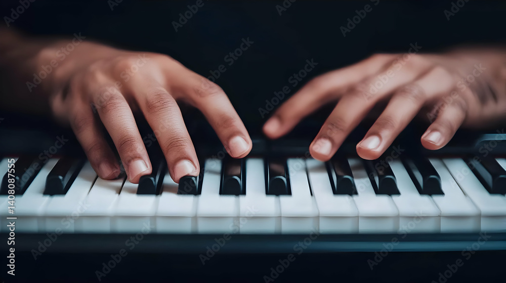 Fototapeta premium Close Up Of Hands Playing Piano Keys With Black And White Keyboard And Dark Background