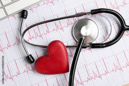 Cardiology. Stethoscope and red decorative heart on paper with cardiogram, top view