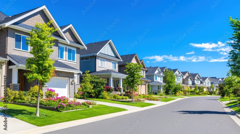 Bright sunny day in a picturesque suburban neighborhood with well-maintained homes and gardens Bright sunny day in a picturesque suburban neighborhood with well-maintained homes and gardens