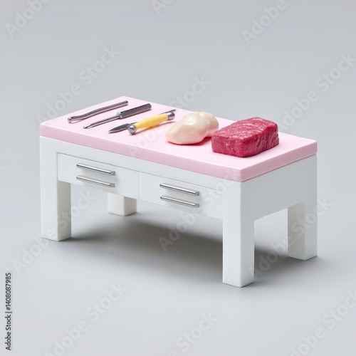 Dissecting table with realistic organ model and sharp surgical equipment