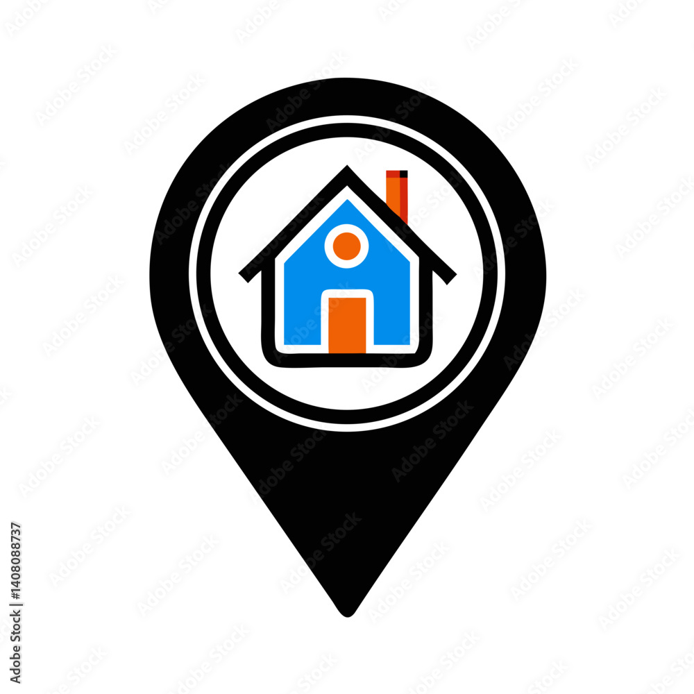 Real estate location icon with blue house inside marker Real estate location icon with blue house inside marker