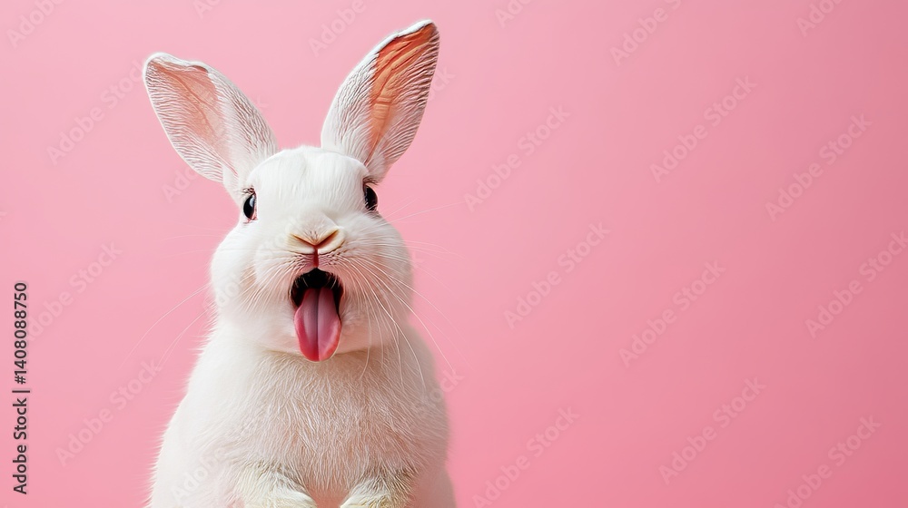 Obraz premium A fluffy white bunny rabbit with its mouth wide open, looking surprised or excited, set against a bright pink background
