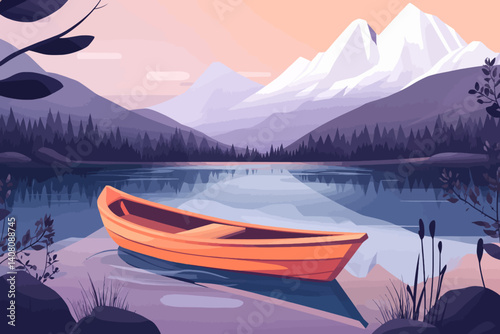 Old wooden boat on the lake landscape 