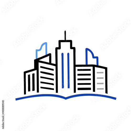 City skyline icon with open book base in blue and black outline	