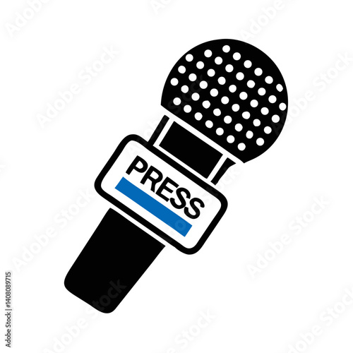 Black press microphone icon with blue label for media and interviews