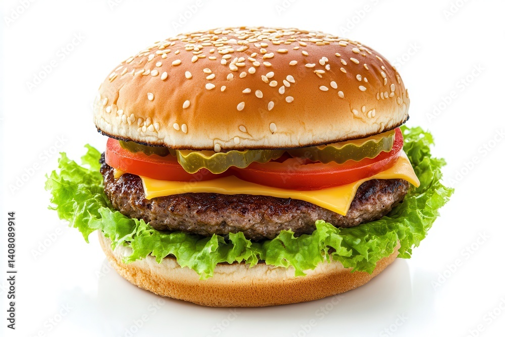 Delicious burger with sesame seeds on white background Delicious burger with sesame seeds on white background