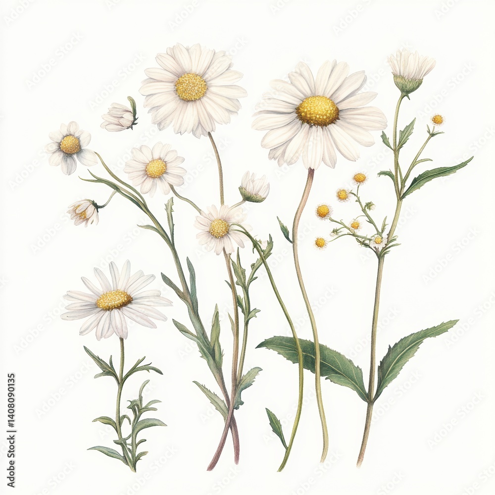 Fototapeta premium Botanical illustration of white daisies showcasing naturalistic renderings from the 19th century in detailed botanical study Generative AI