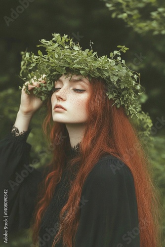 wiccan woman wearing a black dress with long red hair greenery wreath 