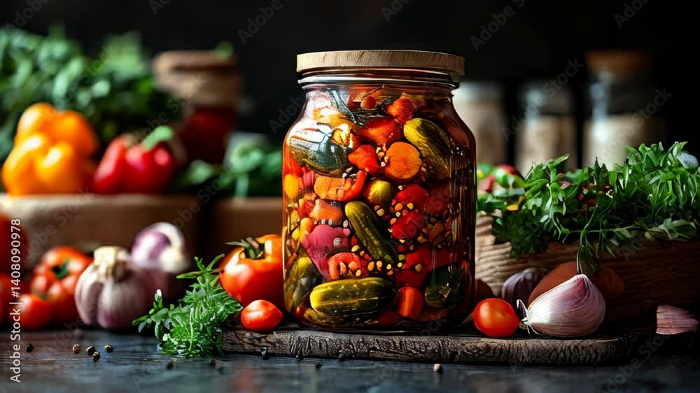 A variety of vibrant vegetables are beautifully arranged in jars, showcasing colorful tomatoes and peppers. This home preserving technique enhances flavors and adds freshness.