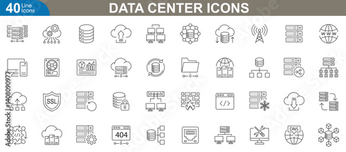 Data center icons set. Server room, cloud computing, network security, storage, maintenance, infrastructure symbols in flat design for it and technology concepts. Vector illustration