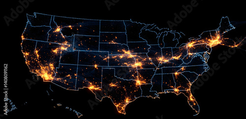 Digital map of the United States with glowing connections