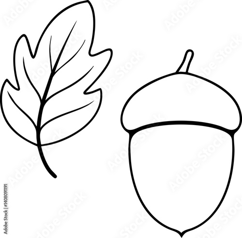 Leaf and acorn illustration in simple line art style.