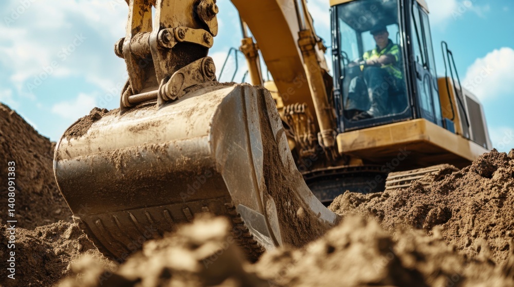 Fototapeta premium Heavy machinery operator operating an excavator at a construction site. Featuring power and control