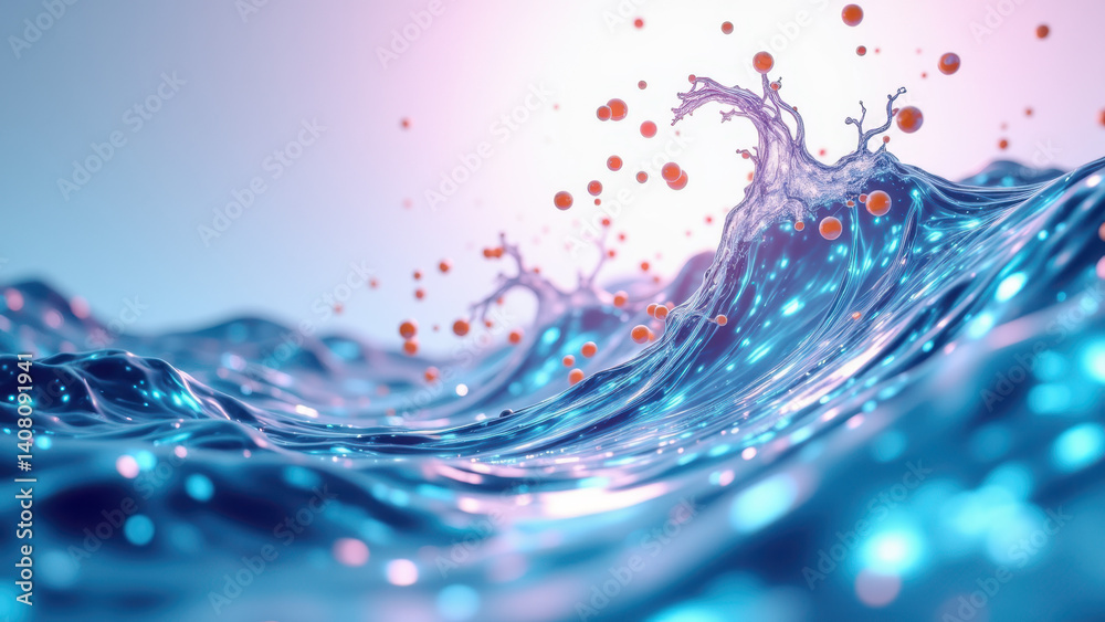 Fototapeta premium GLP1 molecule surrounded by blue water droplets, illustrating its importance as a hormone regulating glucose levels.