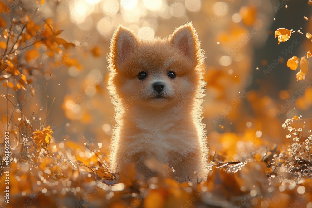 Obraz premium adorable fluffy miniature spitz puppy walking in nature beautiful autumn light