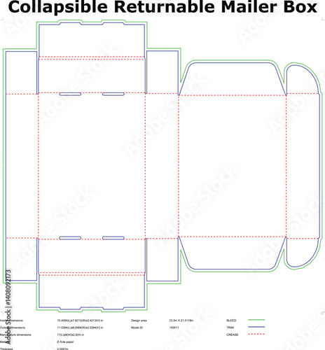 Technical Drawing Of Collapsible Returnable Mailer Box Design Blueprint With Dimensions And Cut Lines For Packaging Production Design On White