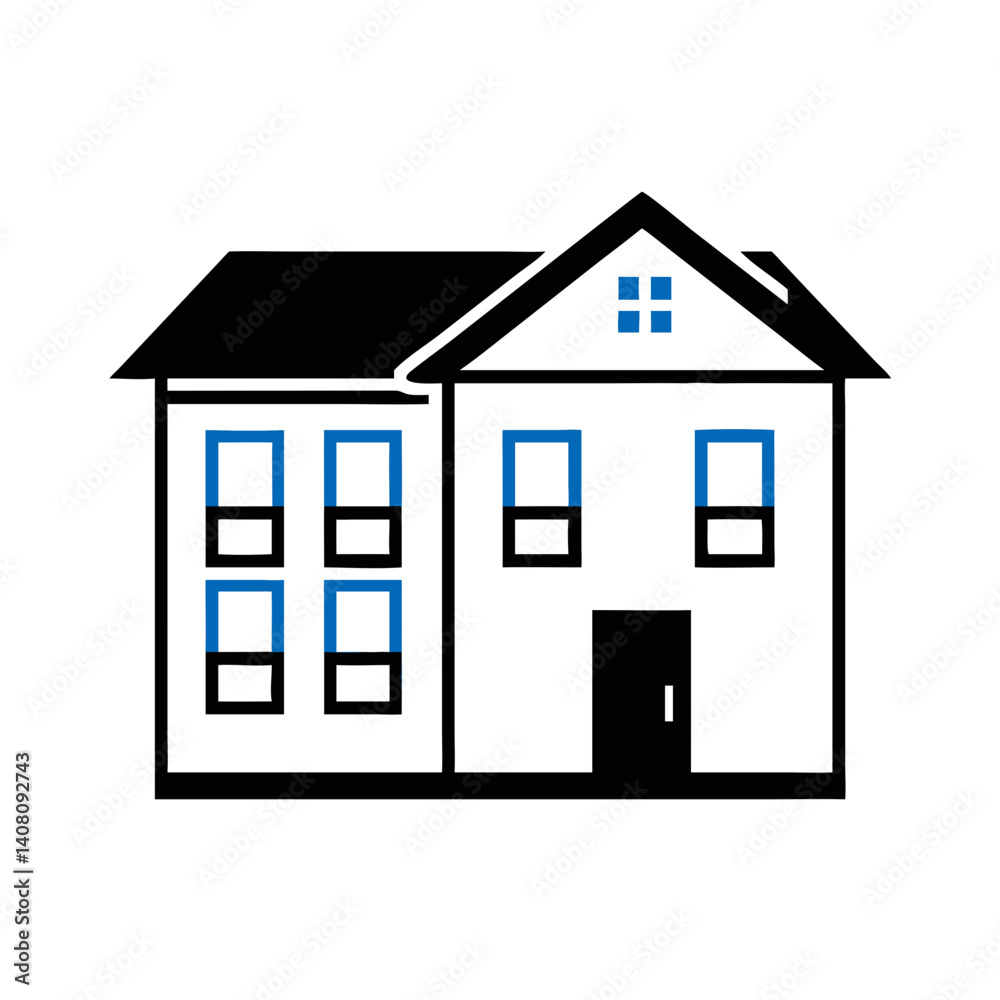 Black and white icon of classic two-story house Black and white icon of classic two-story house