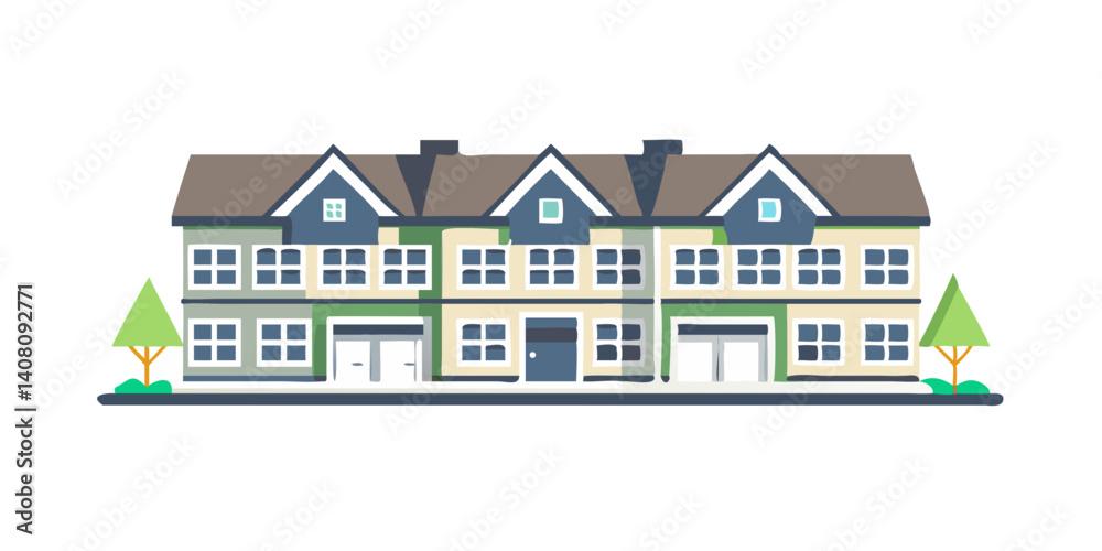 Green and gray townhouses with trees in front Green and gray townhouses with trees in front