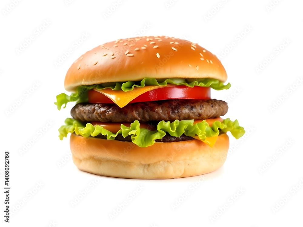 Delicious Double Hamburger with Fresh Lettuce, Tomato, and Melted Cheese on Sesame Bun – Isolated on White Background Delicious Double Hamburger with Fresh Lettuce, Tomato, and Melted Cheese on Sesame Bun – Isolated on White Background