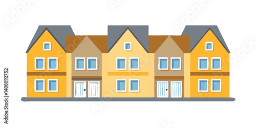 Yellow townhouses with brown roofs in flat vector style