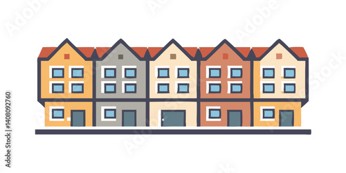 Row of colorful multi-story homes with red and blue rooftops