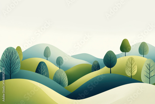 Serene rolling hills with stylized trees in a tranquil landscape illustration