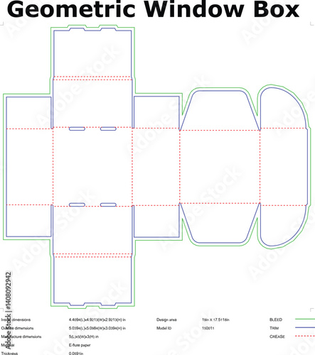 Die Cut Template For Geometric Window Box Packaging Design With Bleed And Trim Lines Shown