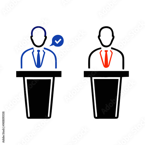 Political candidate comparison at podiums with checkmark icon