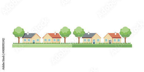 Row of suburban houses with trees in flat style