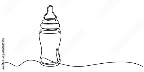 Continuous one line drawing of baby feeding bottle. Baby drink bottle with love outline vector illustration. Editable stroke, Continuous editable line drawing of baby bottle. Baby milk bottle icon in.