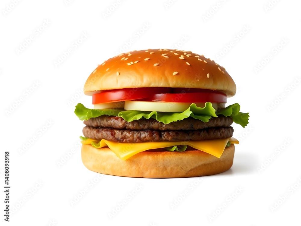 Delicious Double Hamburger with Fresh Lettuce, Tomato, and Melted Cheese on Sesame Bun – Isolated on White Background Delicious Double Hamburger with Fresh Lettuce, Tomato, and Melted Cheese on Sesame Bun – Isolated on White Background