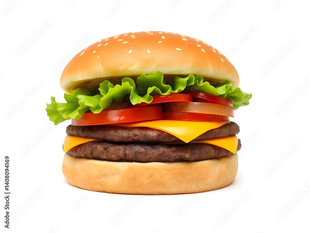 Delicious Double Hamburger with Fresh Lettuce, Tomato, and Melted Cheese on Sesame Bun – Isolated on White Background Delicious Double Hamburger with Fresh Lettuce, Tomato, and Melted Cheese on Sesame Bun – Isolated on White Background