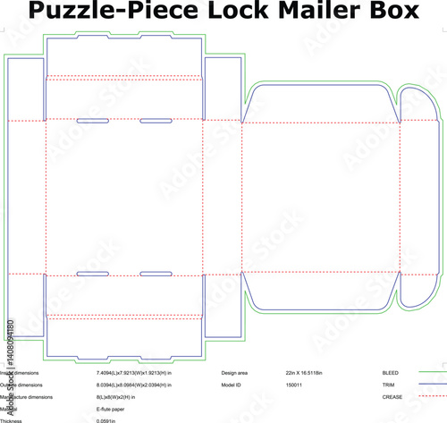 Puzzle Piece Lock Mailer Box Design Blueprint And Die Cut Template For Packaging Product And Presentation Layout