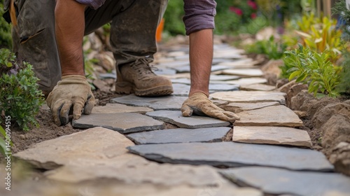 Hispanic mason repairing a stone pathway in a garden. Featuring masonry and path repair