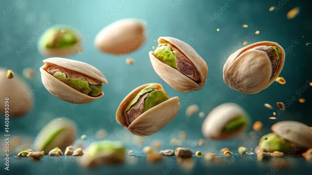 Pistachios are captured in mid-air, showcasing their vibrant green insides and hard shells against a blurred, dark background. The effect creates a lively and playful atmosphere.