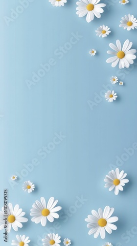 White daisies scattered on light-blue background.