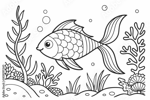 Coloring Pages, An ornamental fish in the sea, colorless, black and white
