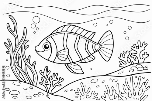Coloring Pages, An ornamental fish in the sea, colorless, black and white