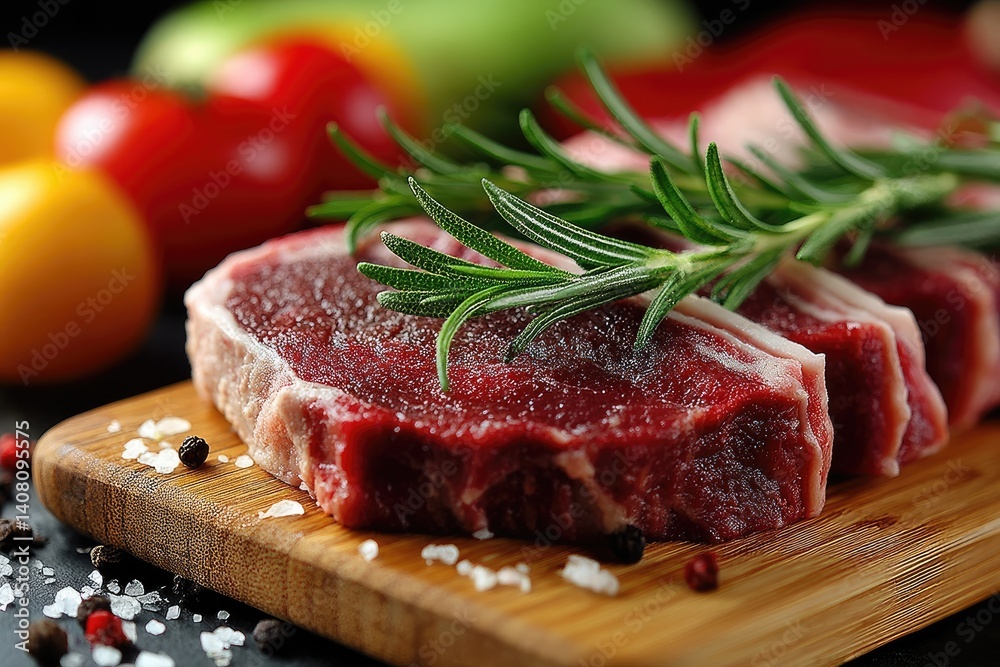 Freshly cut beef steaks with rosemary and vegetables. Freshly cut beef steaks with rosemary and vegetables.