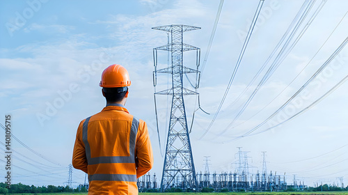 Back View of Engineer in Orange Protective Gear Observing Power Transmission Lines against Blue Sky