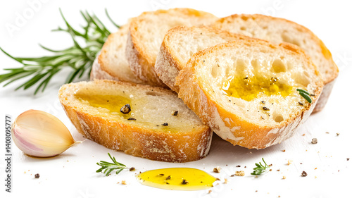 A close-up of bread with garlic and olive oil. The bread is cut into slices and has a garlic clove on top. The bread is accompanied by a small amount of olive oil and some herbs
