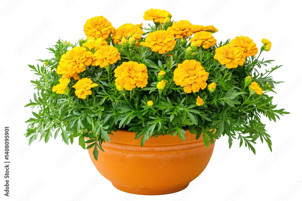 Fototapeta premium Yellow marigold flower pot isolated on transparent background