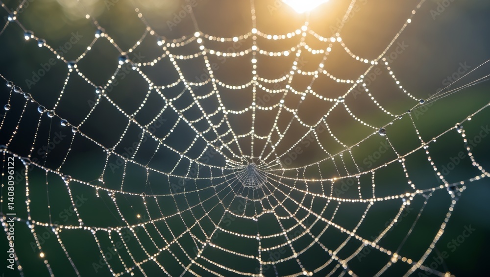 Close-Up of Dew-Covered Spider Web Glimmering in Morning Light Close-Up of Dew-Covered Spider Web Glimmering in Morning Light