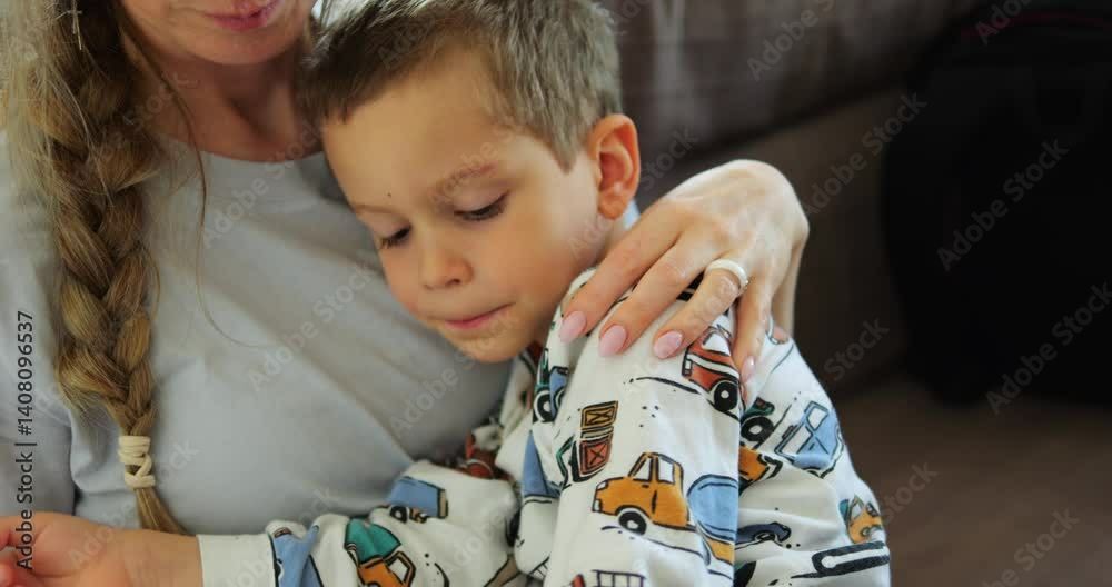 Young mother calms sick little son and measures temperature hugging. Blonde woman treats preschooler boy by placing electronic thermometer under arm