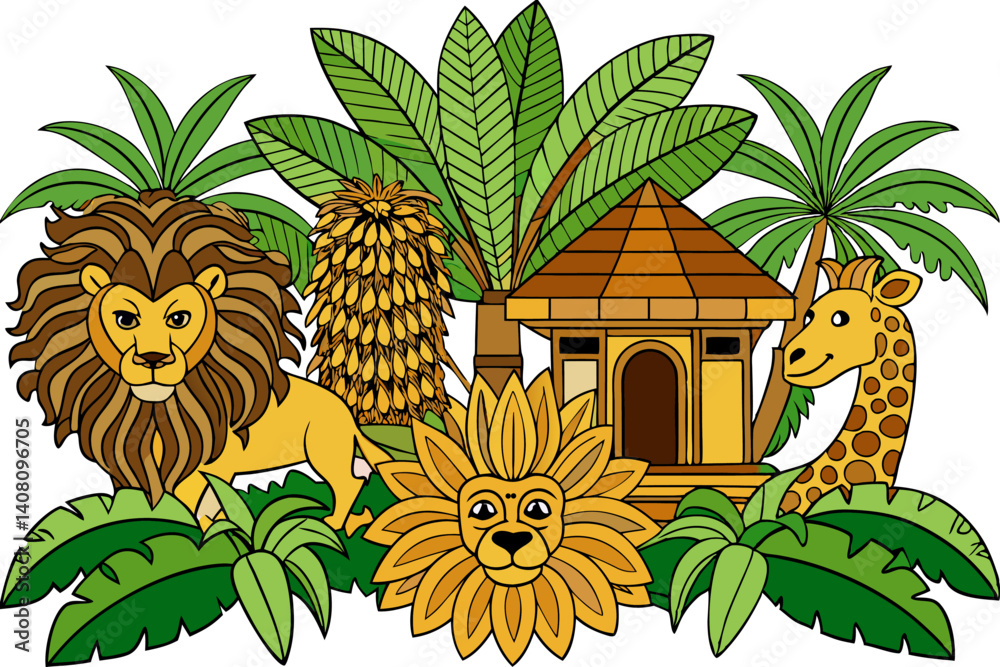 Obraz premium Toile tropical vintage botanical palm trees, banana tree, plants, lion, giraffe animal, pavilion seamless border white background. Graphic jungle mural Background.
