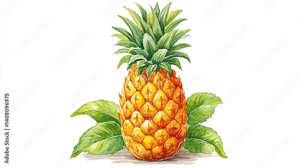 Watercolor Painting of Ripe Pineapple with Green Leaves on White Background Watercolor Painting of Ripe Pineapple with Green Leaves on White Background