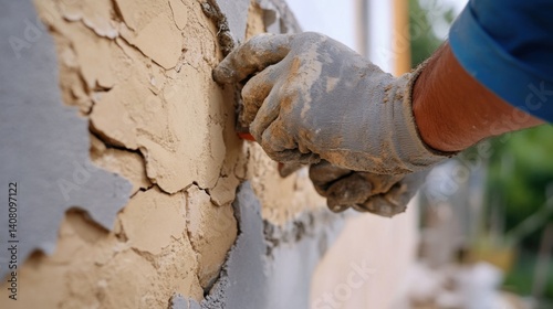 Hispanic mason repairing cracked foundation stones in a house. Featuring masonry and foundation repair