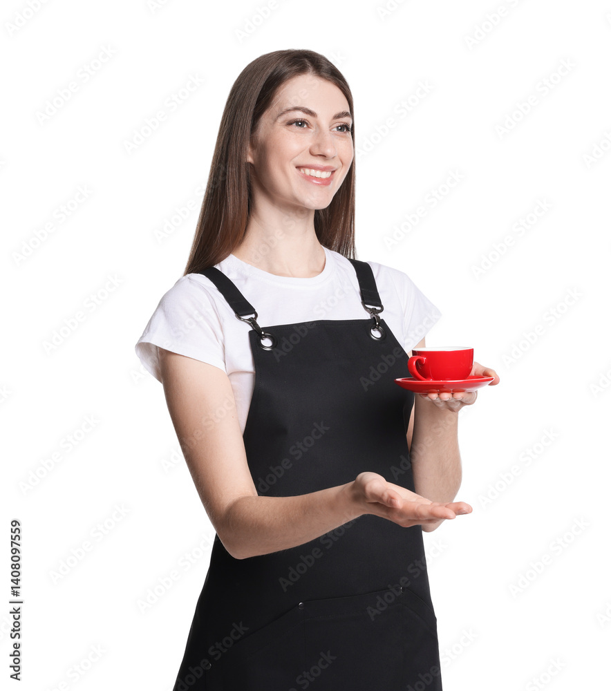 Smiling barista with cup of hot drink on white background