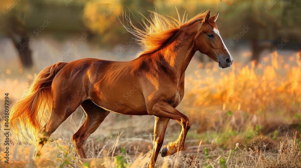 Majestic Chestnut Horse Running in Vibrant Autumn Field Under Bright Sun
