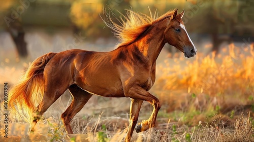 Obraz na płótnie Majestic Chestnut Horse Running in Vibrant Autumn Field Under Bright Sun w salonie
